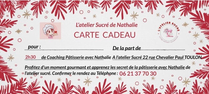 carte cadeaux coaching patisserie l'atelier sucre de Nathalie à Toulon